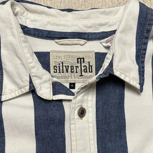 Silver Tab Levi’s Jeans Navy and White Striped Casual Shirt Oversized M - Picture 2 of 15